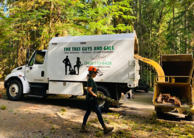 tree gal carrying large branch to mulch